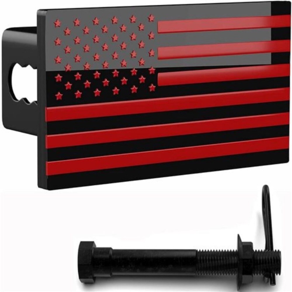 USA Black Red Flag Metal Hitch Cover Fits 2" Receiver